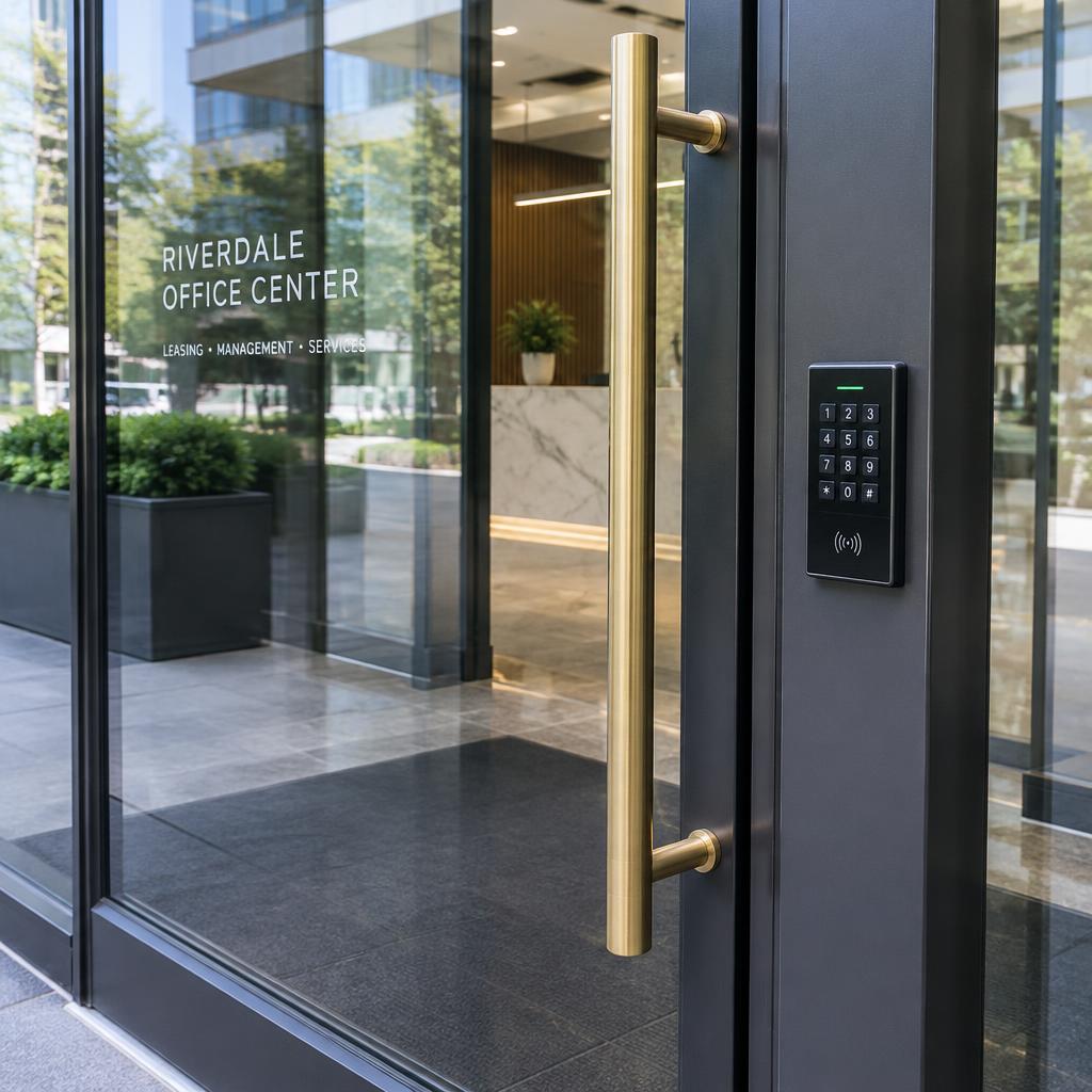 Commercial entrance door with keypad access control fitted by TrustedKey Locksmith
